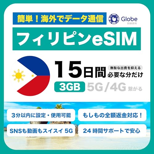 �yeSIM�E�ԕi���������z �t�B���s�� 3GB 15���� �ʐM SIM�J�[�h 5G 4G iPhone Android �Ή�