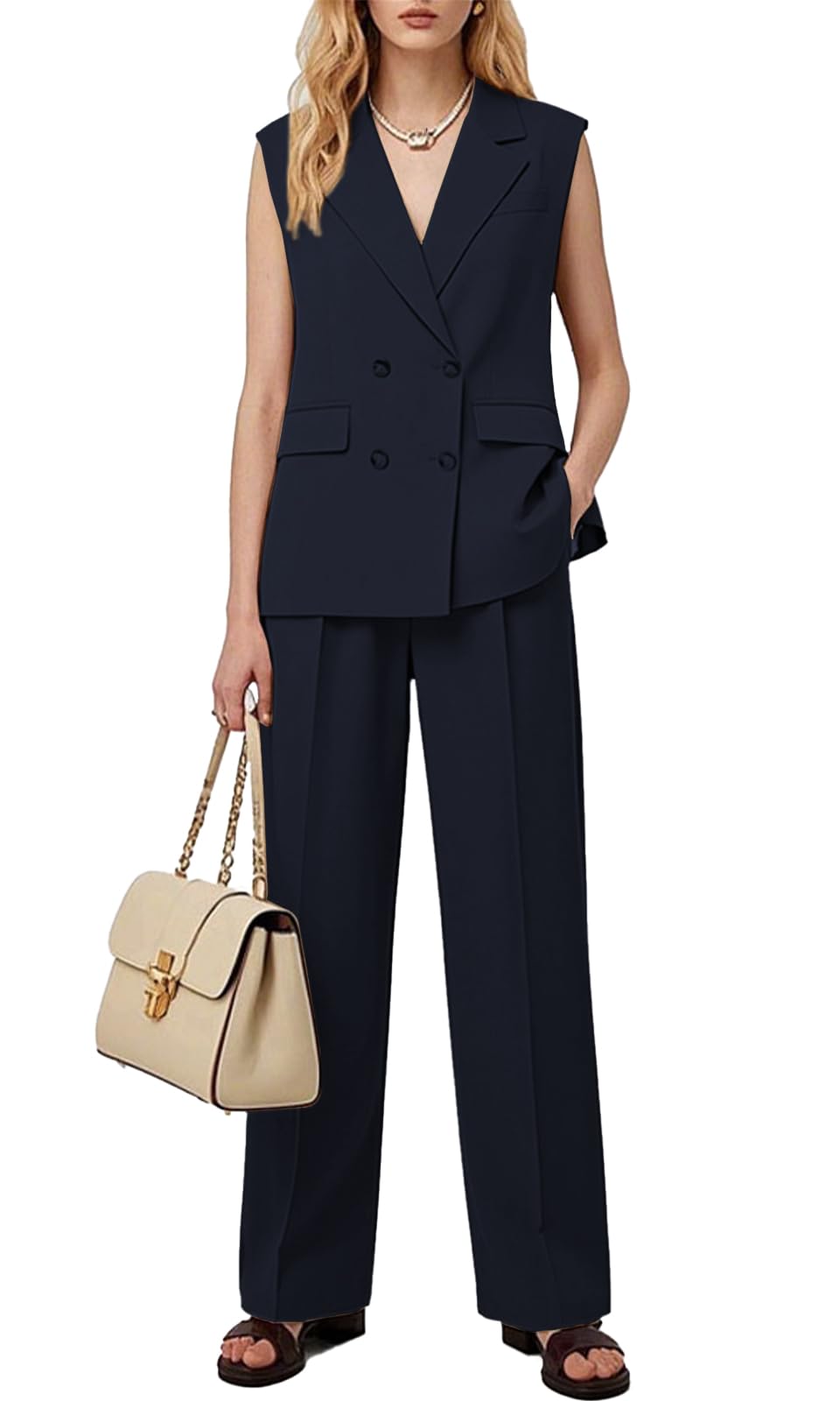 Ensemble 2 pièces habillé et décontracté pour femme - Blazer sans manches - Pantalon large - Pour le travail et le bureau, bleu marine, XXL