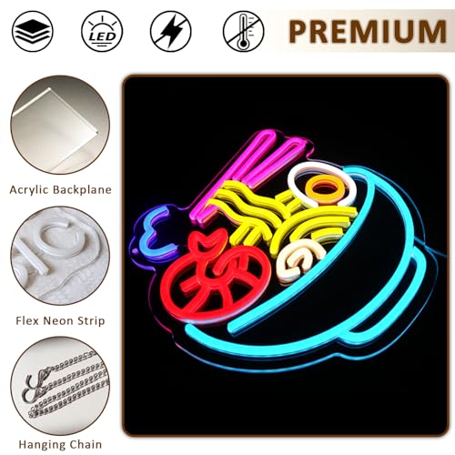 Image of Ramen Neon Sign for Wall Decor, Seafood Noodles Led Signs for Business, USB Dimmable 13.5 inch x 12.6 inch Neon Lights for Japanese Resturant Bar Kitchen Party Ramen Shop Wall Art