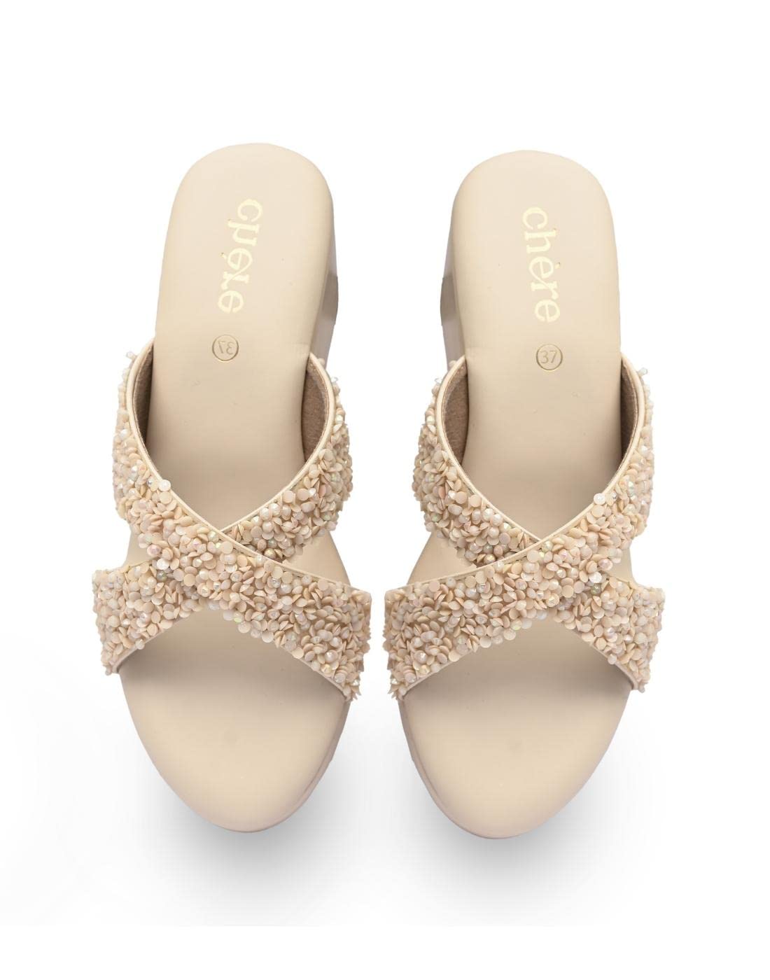 CHERE Womens Beige Embellished Wedges | Comfortable Sandals for Casual, Party and Formal Occasions (B0BRBDNQBH) Amazon Price History, Amazon Price Tracker