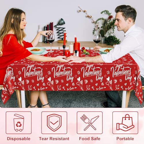Image of QZYL 2 PCS Valentines Decorations, Disposable 108 inch X 54 inch Valentines Tablecloths, Plastic Romantic Red Love Heart Tablecloths, Rectangle Love Table Covers, Valentine's Decorations for Memorable Tables