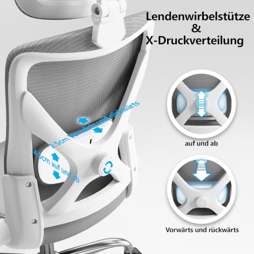 Image of TRALT Office Chair - Ergonomic Office Chair with Adjustable Lumbar Support Headrest Office Desk Chair - Gaming Chair in X-Shape Office Chair - Desk Chair Computer Chair 150 kg White /Grey