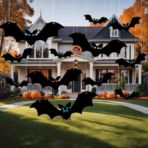 12 Pcs Hanging Bats Halloween Decorations Outdoor Large Flying Plastic Bats Outdoor Halloween Decorations 3 Different Size with Glowing Eye Stickers for Hanging in Tree Yard Porch Lawn Indoor