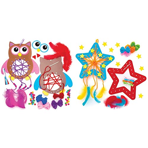 Baker Ross AW855 Eule Traumfänger Bastelset für Kinder - 4er Pack, Bastelsets für Kinder zum Basteln und Bemalen Sortiert & AT227 Stern-Traumfänger-Set, Kunst und Basteln für Kinder, 4 Stück, sortiert