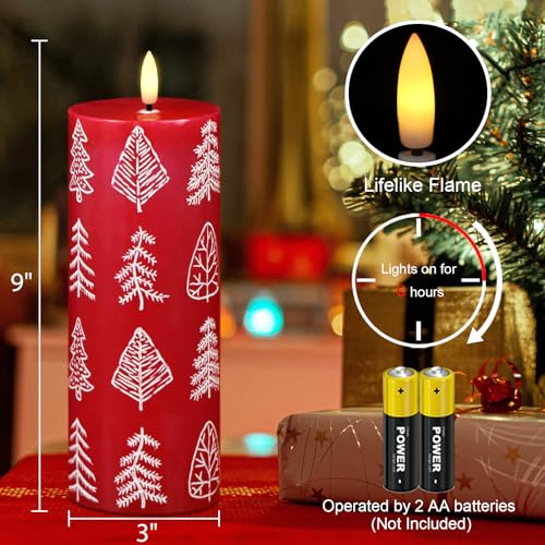 Image of Wondise Christmas Flameless Candles with 6hrs Timer, Christmas Tree Battery Operated Flickering Red Candles with 3D Wick Real Wax LED Candles for Christmas Holiday Indoor Decoration(2.6 inchx7.8 inch)