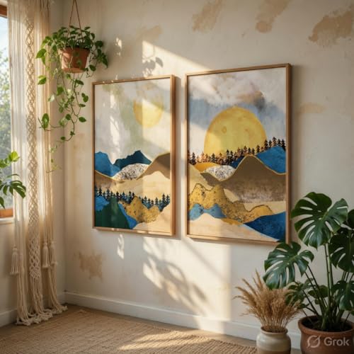 Image of Livin'luxe Abstract Mountain Landscape Wall Painting Set of 2 with Wooden Frames | Modern Sun Mountain Artwork HD Sparkle Laminated MDF Wall Decor | Nature Wall Art for Living Room