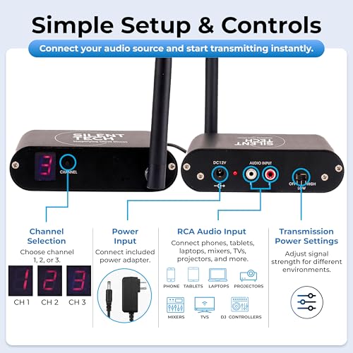 Transmisor RF Silencioso TX50RF de Silent Tech – Transmisor de Audio Inalámbrico de 3 Canales Compatible con Auriculares RF309 – Incluye Cables y Adaptadores Necesarios miniatura 6