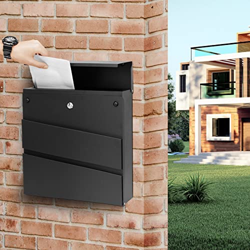 Image of Wall-Mount Mailbox with Lock and Keys, Security Key Drop Box for House Outside, Locking Postbox, Steel Metal Rust-Proof Mail Box, 11.02 x 11.02 x 4.33 Inch, Black, MD002