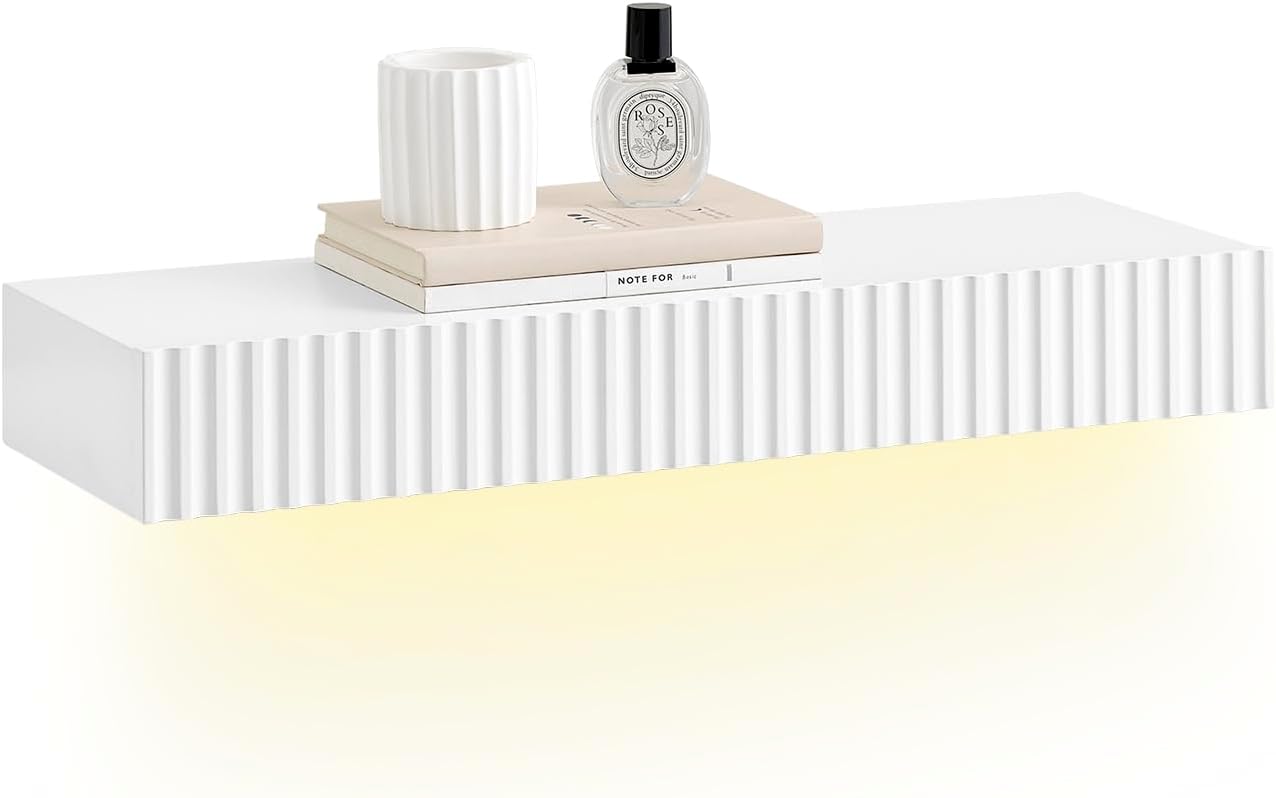 SoBuy Floating Wall Shelf with Drawer & LED Light, Modern White Wall Mounted Shelf for Bedroom, Bathroom, Entryway – Battery Powered Space-Saving Display Shelf, White FHK38-W