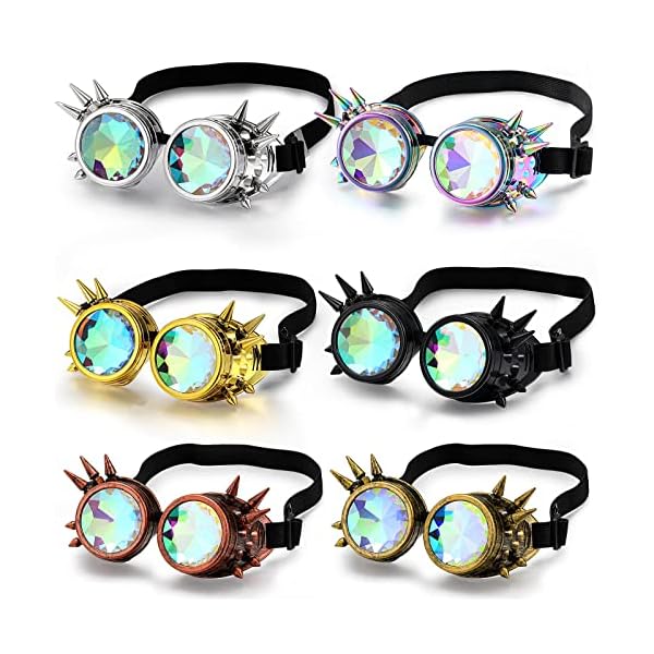 Yunsailing 6 Pack Rainbow Rave Steampunk Goggles Spiked Kaleidoscope Crystal Lenses Glasses for Festival Cosplay Accessories