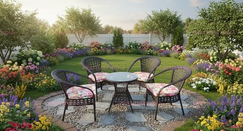 Image of India Outdoor Indoor Patio Furniture Sets Rattan Chair Patio Set Conversation Set Poolside Lawn Chairs Swingarea Balcony Outdoor Garden Furniture Chair (Brown with Multicolor Cushion 4+1)
