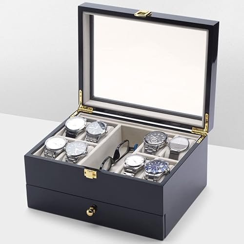 Miniatura 7 de AXOIN HZH Caja de almacenamiento de reloj de madera, caja de joyería de doble capa, gabinete de almacenamiento de reloj con cubierta de cristal,