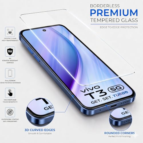 Image of ArmourPro 3D Borderless Tempered Glass for Vivo Y300, Y200 and Vivo T3, HD Clear Curved Edge to Edge Screen Protector, 9H Hardness, Oleophobic Coating, Case Friendly | Pack of 1