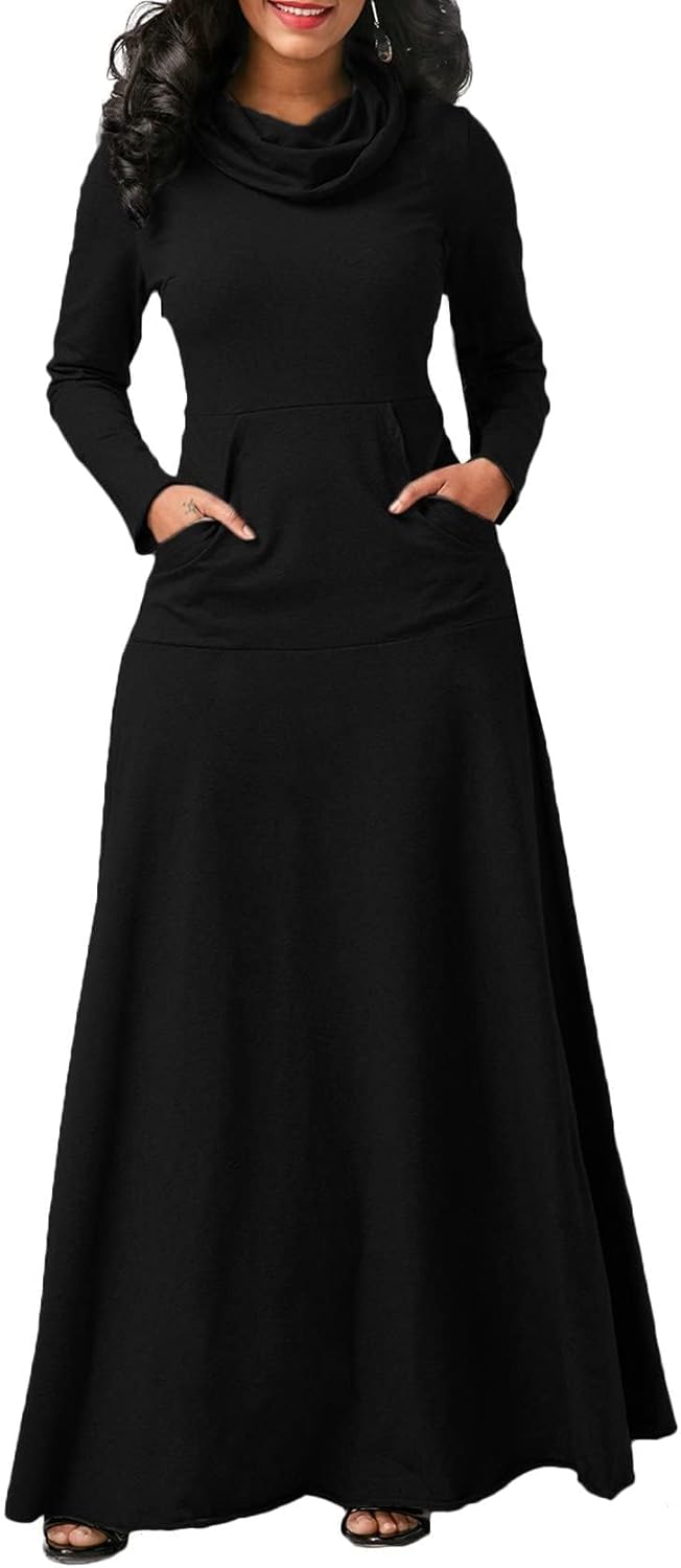 Womens Turtleneck Long Sleeve Maxi Sweatshirt Dress Fall Winter Solid Oversized Swing Dress with Pockets