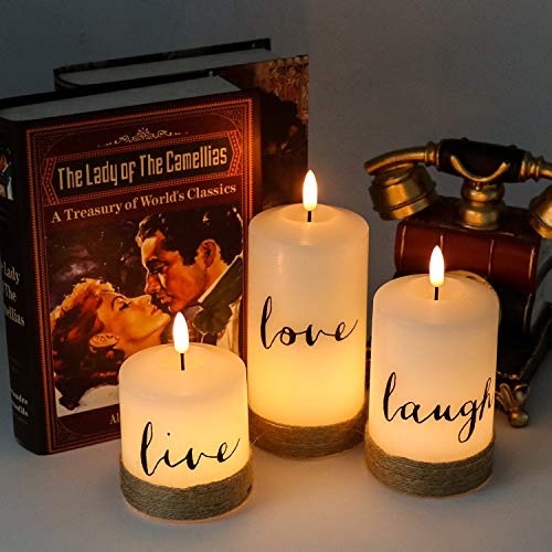 GenSwin Battery Flameless Candles with 10-Key Remote Timer, Real Wax Pillar LED Candles Live Laugh Love, Realistic 3D Wick Flickering Gift (D3 x H4.7 5.7" 6.7", Pack of 3)