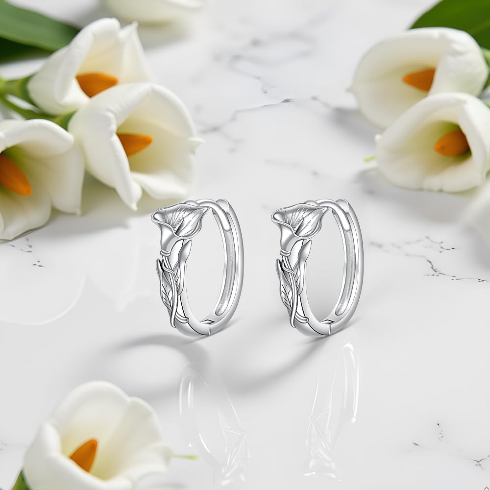 Calla Lily Earrings Sterling Silver Calla Lily Jewelry Gifts White Flower Hoop Earrings for Women Silver Flower Hoop Jewelry Birthday Gifts