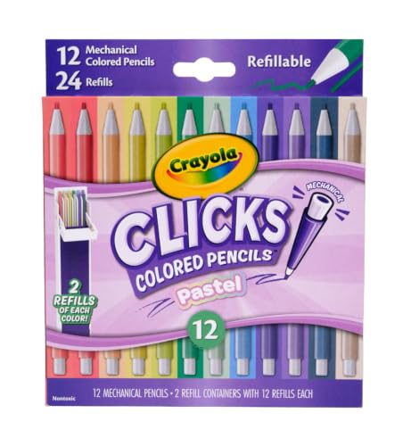 Crayola Clicks 2.0mm Mechanical Colored Pencil Set 12 Pastel Colors Cute School Supplies for Teachers 24 Replacement Cores Ages 6+