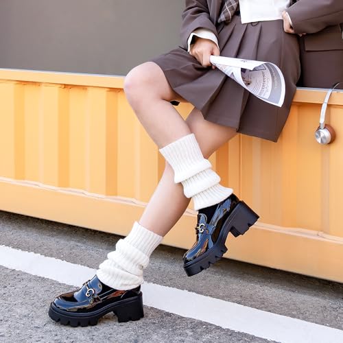 Image of Black Platform Loafers for Women - Women's Slip-On Leather Loafers, Chunky Comfort Shoes for Work & Dressy Occasions
