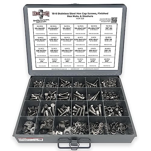 18-8 (304) Stainless Steel Hex Cap Screws Bolts Nuts Washers Assortment Kit - 574 Pcs!