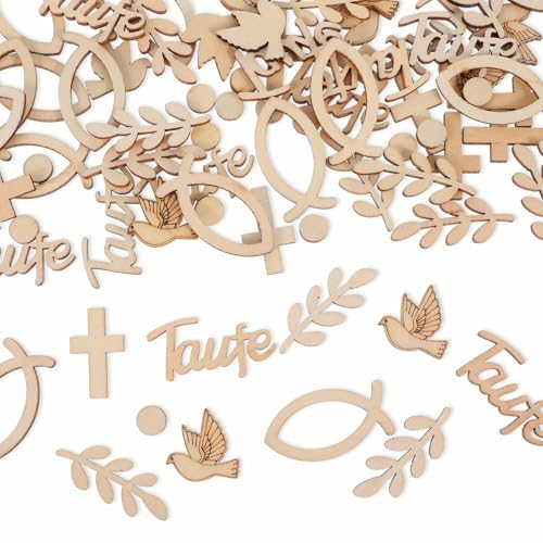 JIEYAO 100 Stück Holz Konfetti Taufe, Streudeko Taufe Tischdeko Taufe Mädchen Junge Holzfische Kommunion Streudeko Fische Taube Streudeko Holz Fisch Deko für Konfirmation Babyshowerparty Taufdeko