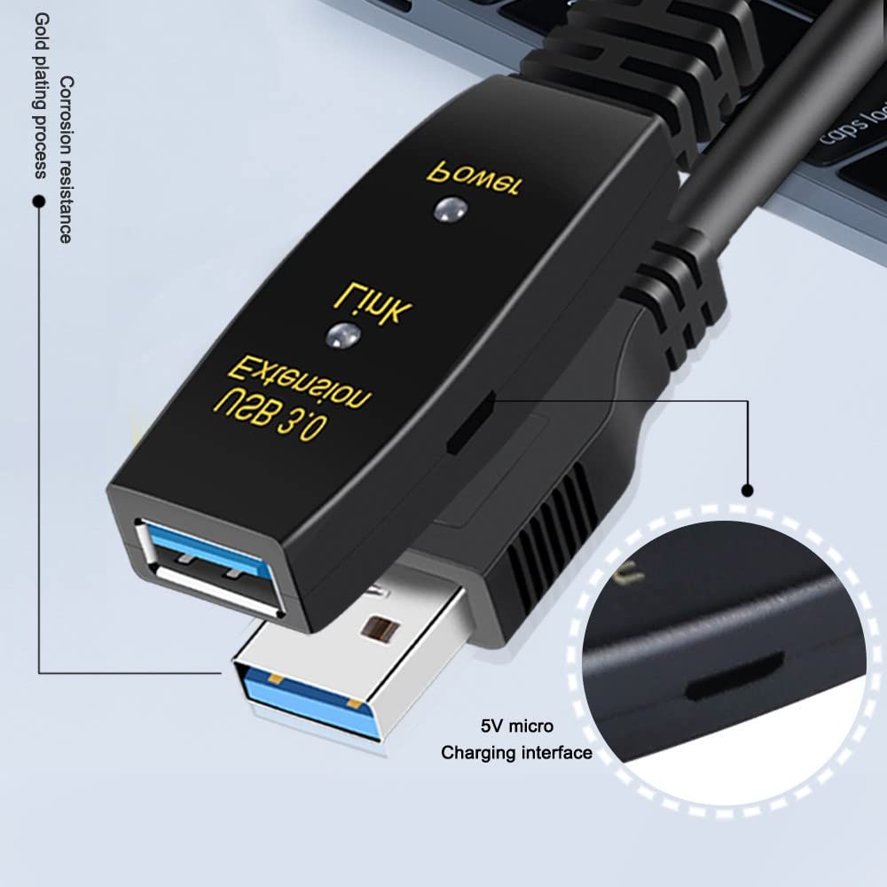 Przedłużacz USB, USB 3.0, aktywny repeater, wtyczka USB na gniazdo, ze wzmocnieniem sygnału, aktywny kabel do drukarek, klawiatur, konsoli do gier (20 m)