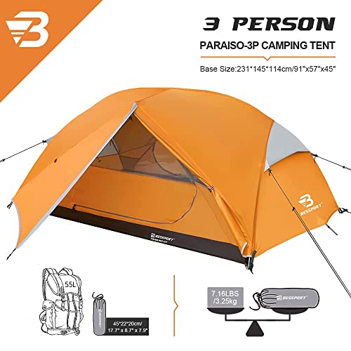 Bessport Camping Tent 3-4 Person, Easy & Quick Setup Lightweight Two Doors Backpacking Tent - Water Resistant Anti-Uv Protection Large Tent For Family, Outdoor, Hiking (3 Person-Orange) #TOP1