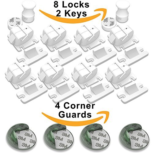 Magnetic Cabinet Lock Set of 8 + 2 Keys | Baby Proofing Cabinets and Drawer Lock | BONUS 4 Corner Guards