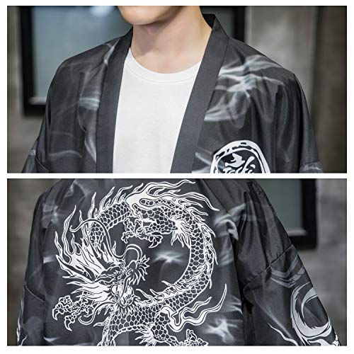 Image of Men's Japanese Kimono Robe Jacket Lightweight 3 /4 Sleeve Open Front Yukata | Silky Smooth Fashion Print Happi Coat Lightweight Breathable Loose Unisex Haori Casual Summer Cardigan Daily Beach Vacation