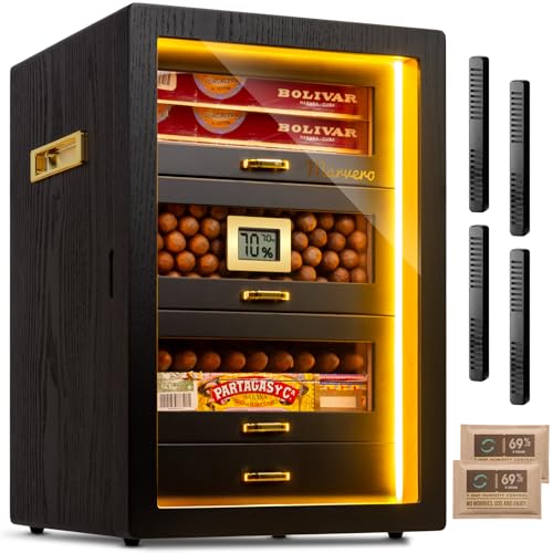 Marvero Cigar Humidor Cabinet Triple-Sided LED Light Digital Hygrometer 4 Cedar Wood Drawers Holds 200 Cigars Black