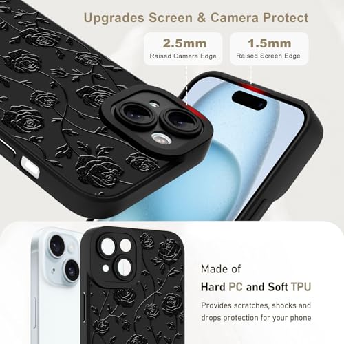 Image of Designed for iPhone 15 Case, Cute Rose Flower Floral Pattern Design, Slim Soft TPU Liquid Silicone Protective Cover for Women Girls - Black