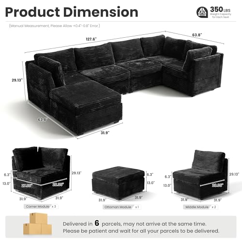Image of ovios Modular Sectional Sofa Couch with L-Shape Chaise Ottoman, Comfy Plush Corduroy Cloud Couches, Modern Luxury Deep Seat Sofas Set for Living Room, 6-Seater, Black