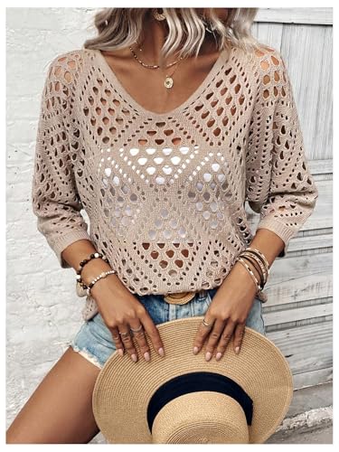 Verdusa Crochet Boho Tops 3/4 Length Sleeve Womens Tops Off The Shoulder Summer Sweater Beach Cover Ups4