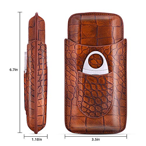 Classy Crocodile Pattern Leather Travel Cigar Case,3 Tube Travel Humidor, Portable Cigar case,Included Stainless Steel Cigar Cutter (Brown&RED) Great Gift Kit (Brown)…