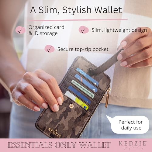 Image of KEDZIE Essentials Only Women's Zippered Wallet in Vegan Leather Small Card Holder Wallet Exterior ID Window - Glamoflauge