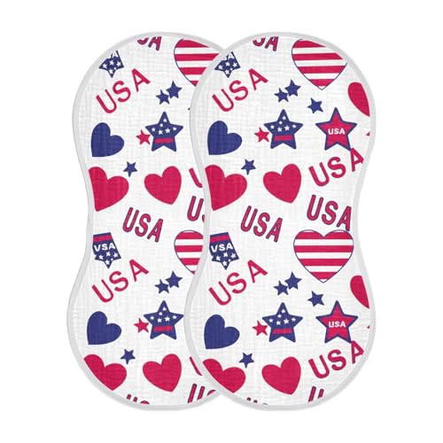Muslin Burp Cloth for Baby 2PCS Independence Day American Hearts (2) Super Absorbent Burping Cloths, Bibs for Newborn Boys Girls