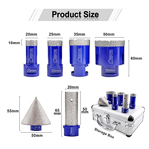 SHDIATOOL Dry Diamond Core Drill Bits M14 Thread 20/25/35/50mm and 20mm Finger bits and 50mm Chamfer Bits Vacuum Brazed for Porcelain Tile Granite Marble - Image 2
