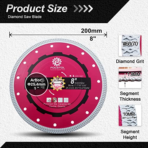 FOCSTOL Diamond Tile Saw Blade - 200mm Cutting Disc for Porcelain Ceramic Tile Marble Granite Quartz Arbor 25.4mm x 22.23mm x 15.875mm - Image 2