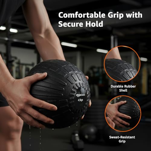 Image of Amazon Basics Rubber Heavy Duty Slam Ball | Non-Slip Gripped Surface | Non-Bouncing | 4.5 Kg | for Strength Training, Core Workouts, Endurance Training | Black