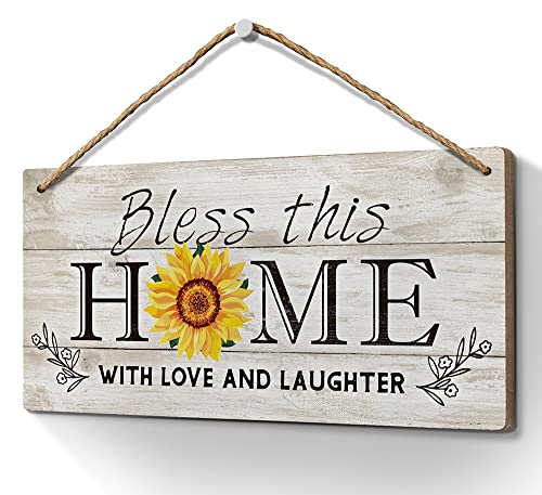 Heuhuww Bless This Home Decor Wood Sign 6x12 Inch Bible Verse Front Door Decor,Religious Porch Decor with Sunflower,Wall Art Housewarming Gifts for Women