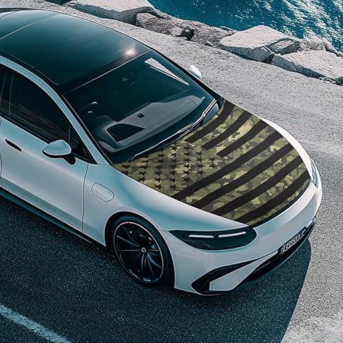 Image of Car Hood Cover, Green Camouflage American Flag Car Hood Protector Auto Hood Flag Waterproof Universal Auto Decorative Accessories for Sedans SUVs Trucks