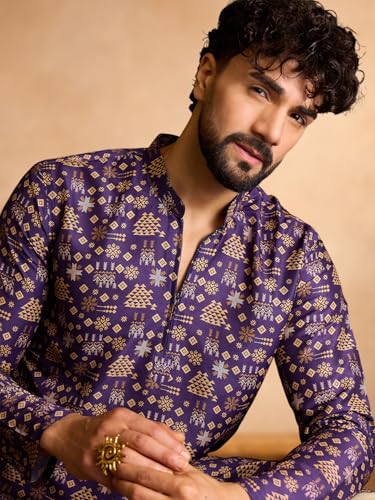 Image of Amazon Brand - Tavasya Men Silk Blend Ethnic Motif Printed Embellished Long Kurta | Regular Fit | Ethnic Wear | Full Sleeve