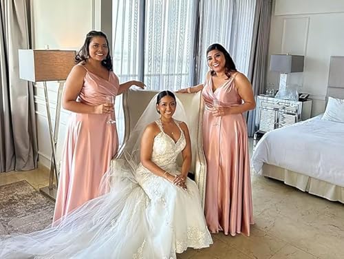 V Neck Satin Bridesmaid Dresses Long for Women Spaghetti Straps Prom Party Formal Gowns with Pockets3