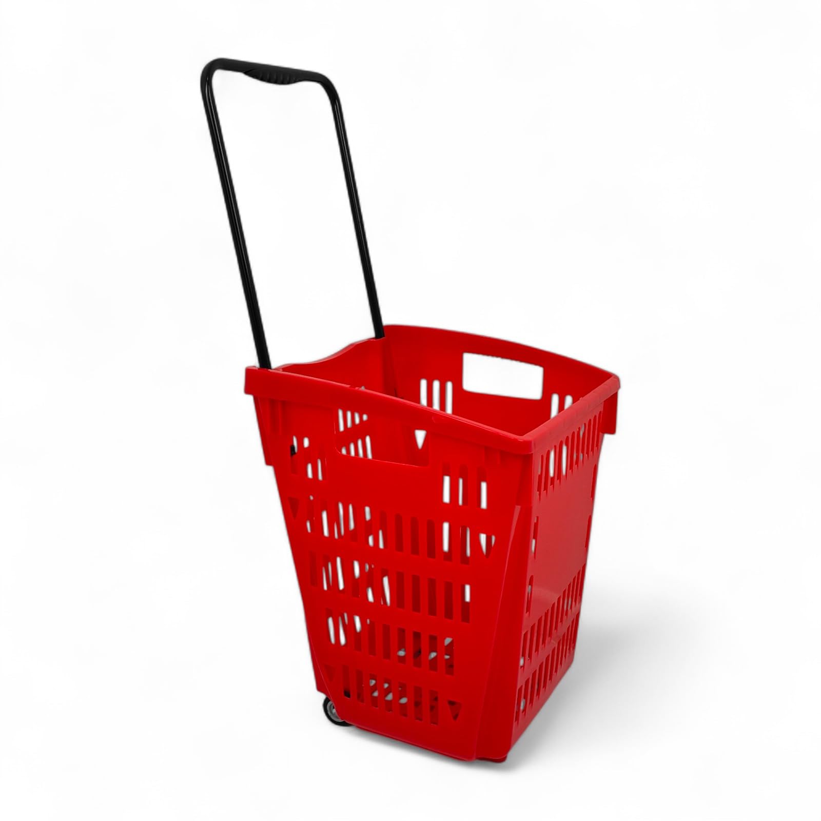 52 Litre Plastic Shopping Basket with Wheels & Telescopic Handle – Red Wheeled Trolley Basket for Supermarkets, Grocery & Retail Stores – Durable, Stackable Design