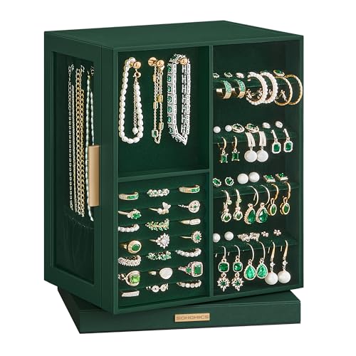 SONGMICS Colección GISELLA - Caja Joyero Giratorio 360°, Caja de Joyas con 5 Cajones, Ventanas de Cristal, Espacioso, Almacenamiento Vertical, Diseño Abierto, Idea de Regalo, Verde Bosque JBC170C01