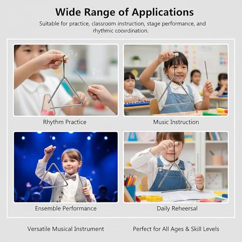 TDOCK 3PCS 6/7/8 Inch Triangle Musical Instrument, Steel Music Percussion Triangles with Wooden Handle and Beater - Thumbnail 7