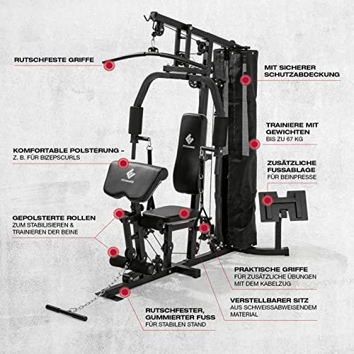 Kraftstation | Multifunktions-Homegym für den ganzen Körper | Gewichte bis zu 67 kg einstellbar, mit Latzugstange, Beinpresse, Bizepscurl-Polster u.v.m. | Hochwertiges Stahlmaterial – Bild 4