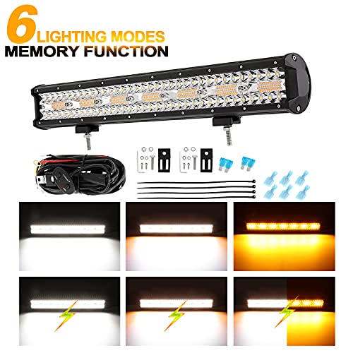 Auxbeam 20Inch 420W Led Light Bar Amber White Triple Row Strobe Light 42000lm Spot Flood LED Fog Off-road Light Warning Light Emergency Strobe Light 10FT Custom Wiring Harness with Memory Function