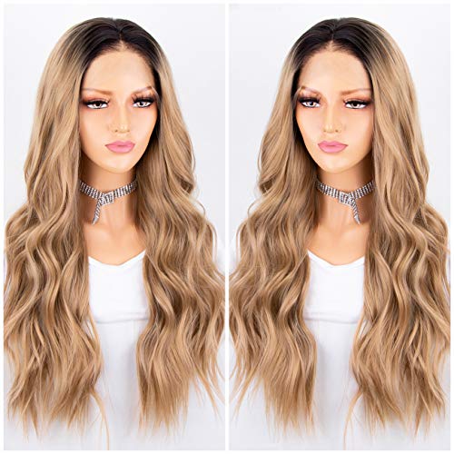 Persephone 2019 Soft Blonde Ombre Lace Front Wig 2 Tones Long Wavy Wigs for Women Glueless Synthetic Hair Replacement Wigs Heat Resistant 22 Inches