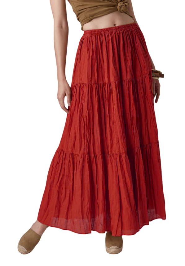 pinkhub Women's Boho Cotton Tiered Maxi Skirt, Elastic Waist, Floor Length, Available in Pink, Maroon, Yellow, Black, White-picture-38