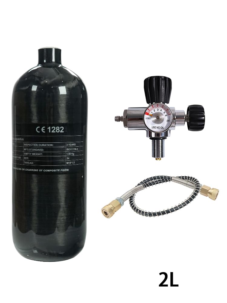 TUXING Serbatoio d'aria in fibra di carbonio da 2 litri 4500 psi (bottiglia vuota) e stazione di riempimento per paintball con indicatore di regolazione della valvola per il gioco PCP